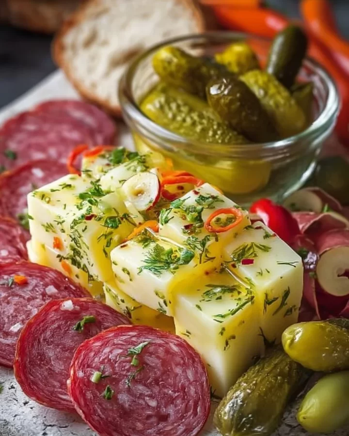 Marinated cheese appetizer with salami and pickles arranged on a serving platter.