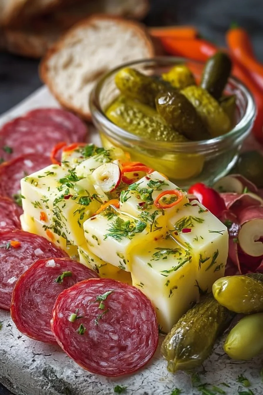 Marinated cheese appetizer with salami and pickles arranged on a serving platter.