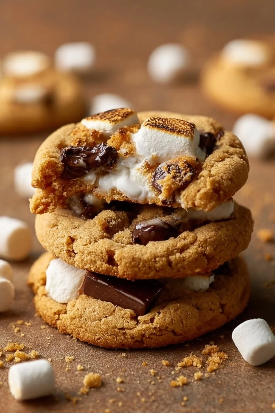 Delicious easy S’mores cookies topped with chocolate and marshmallows.