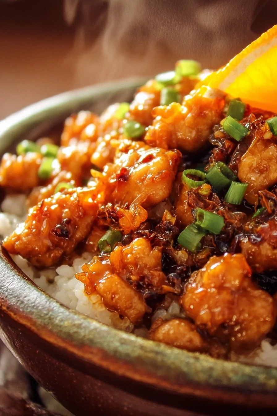 A plate of ground orange chicken served with rice and vegetables.