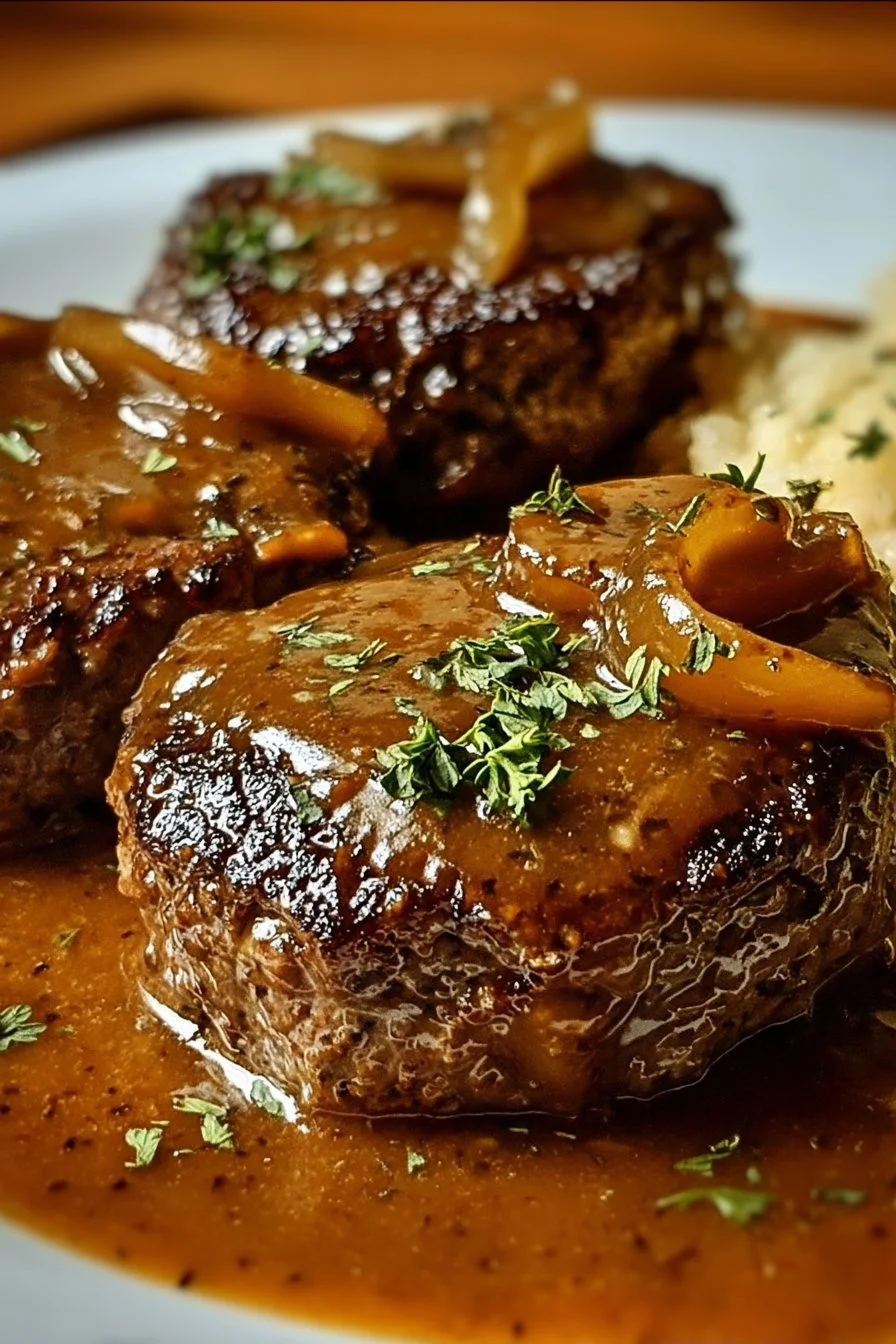 Hamburger steaks topped with rich onion gravy for a comforting dinner.