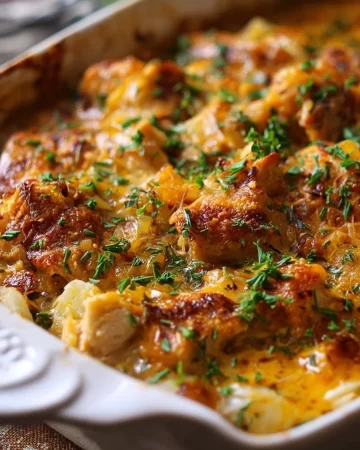 Delicious loaded chicken casserole topped with cheese and vegetables