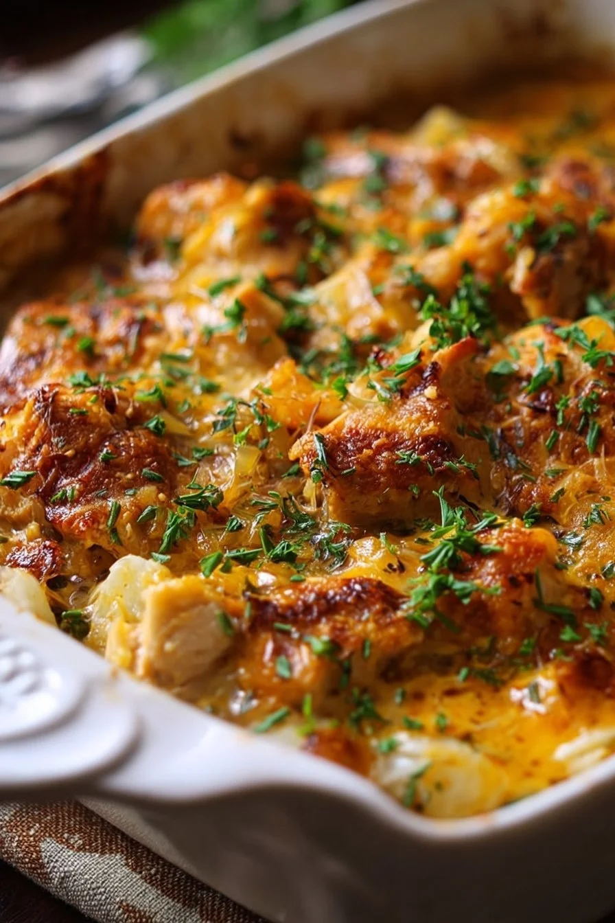 Delicious loaded chicken casserole topped with cheese and vegetables