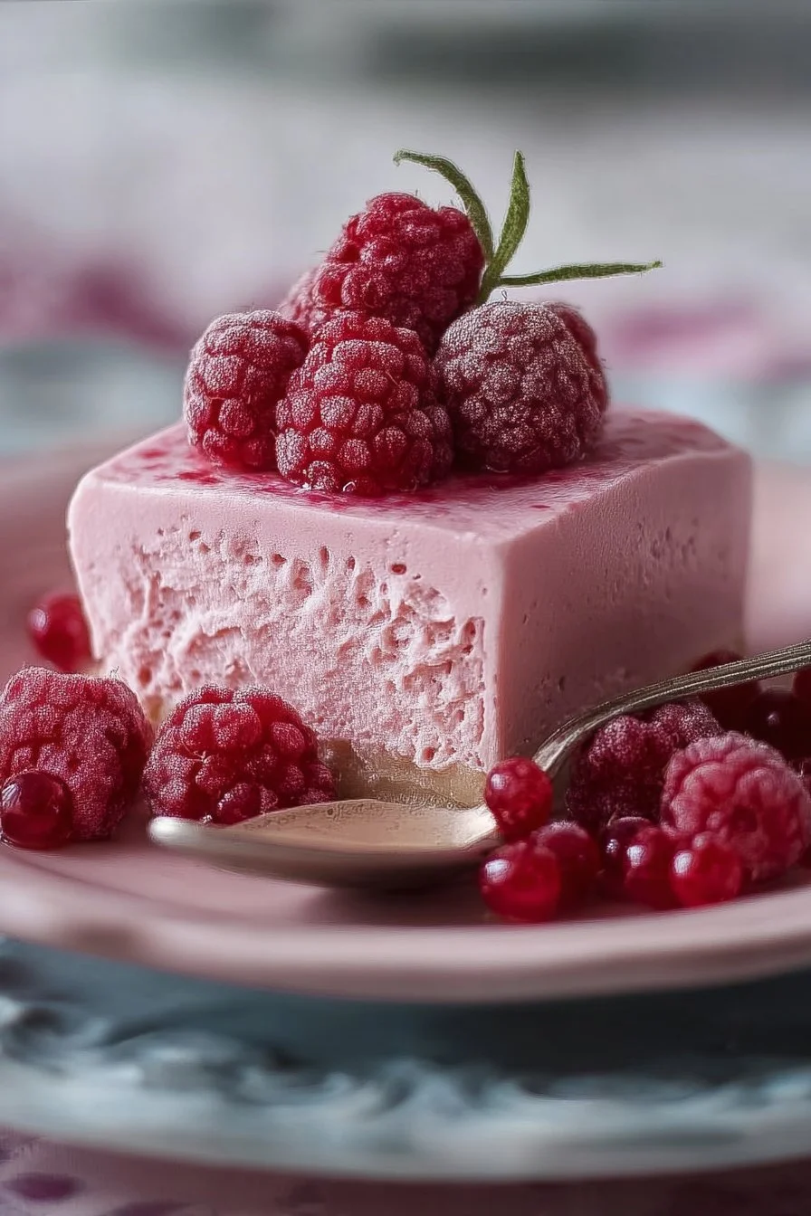 Delicious raspberry mousse served in a glass, garnished with fresh raspberries.