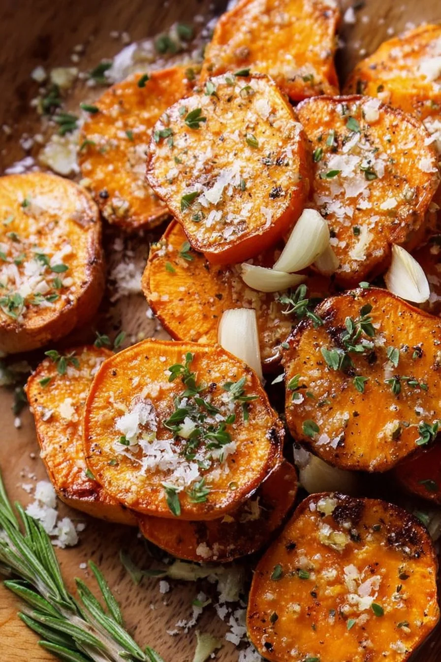 Bowl of roasted sweet potatoes with garlic and parmesan garnished with herbs