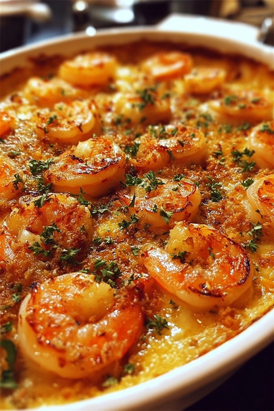 Delicious shrimp casserole topped with cheese and breadcrumbs, perfect for dinner.
