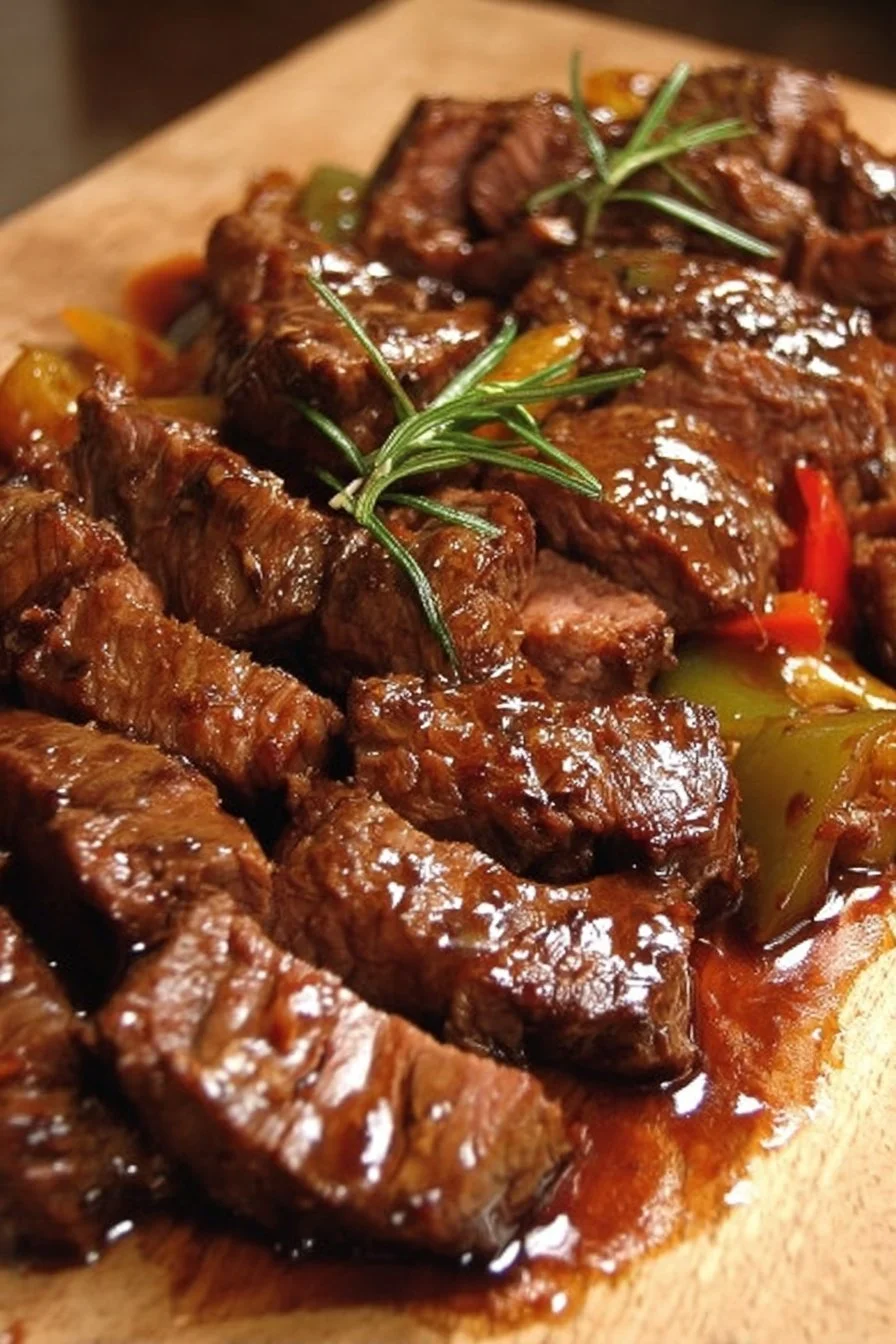 Delicious tender beef dish served with fresh vegetables and herbs
