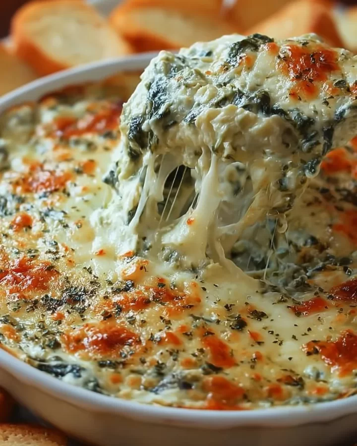 Creamy spinach artichoke dip served in a bowl with chips for dipping
