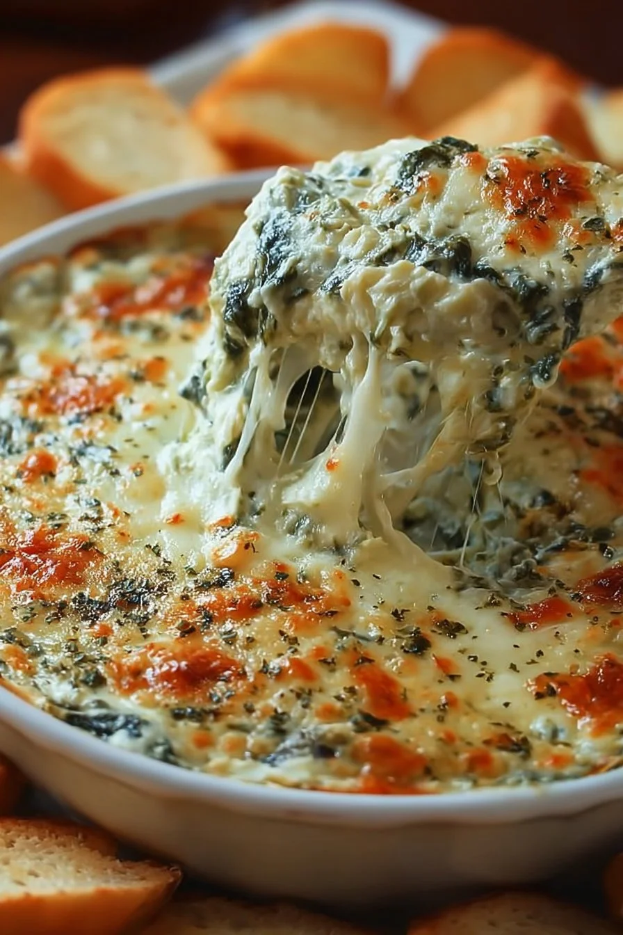 Creamy spinach artichoke dip served in a bowl with chips for dipping
