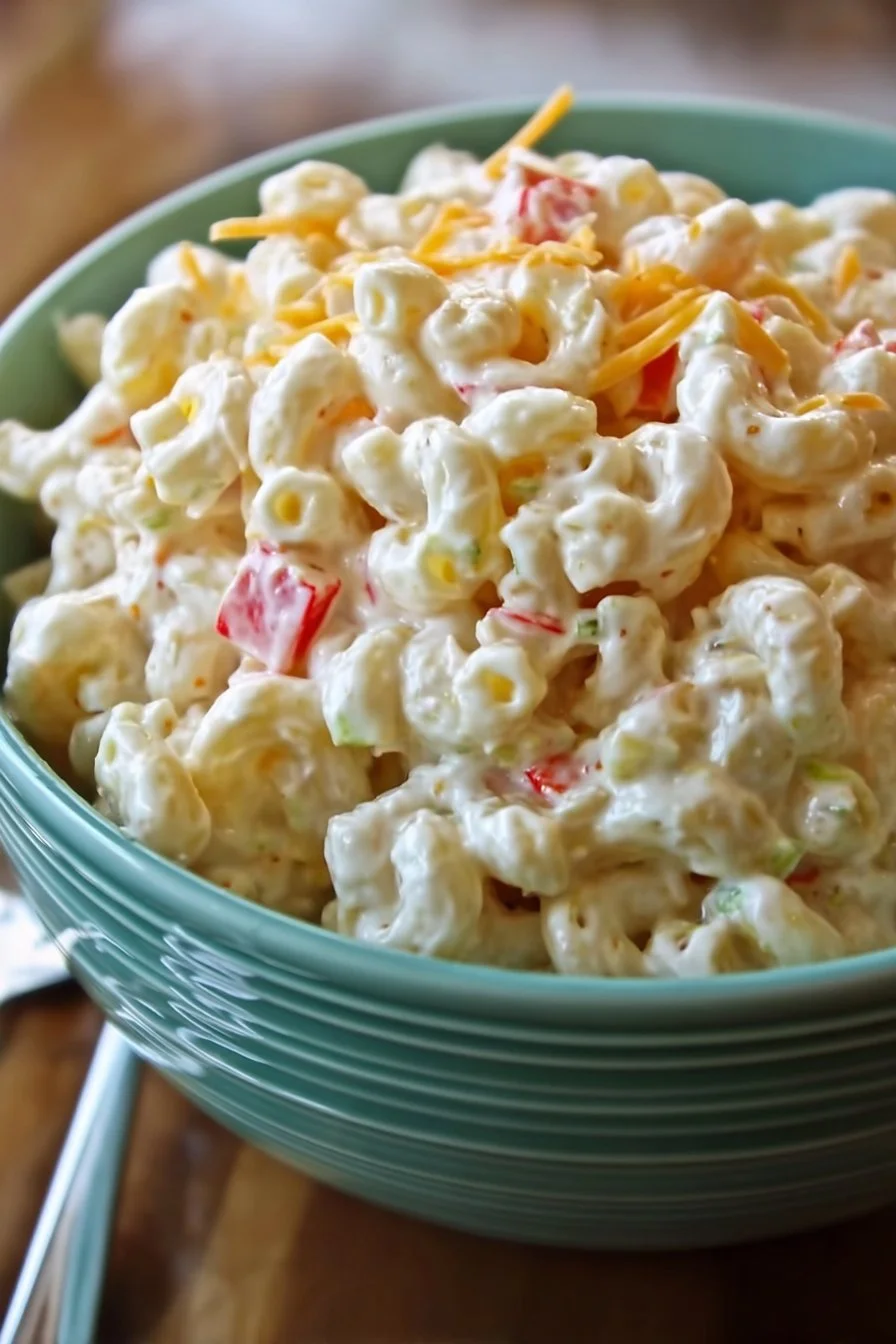 Delicious bowl of best macaroni salad garnished with fresh vegetables.