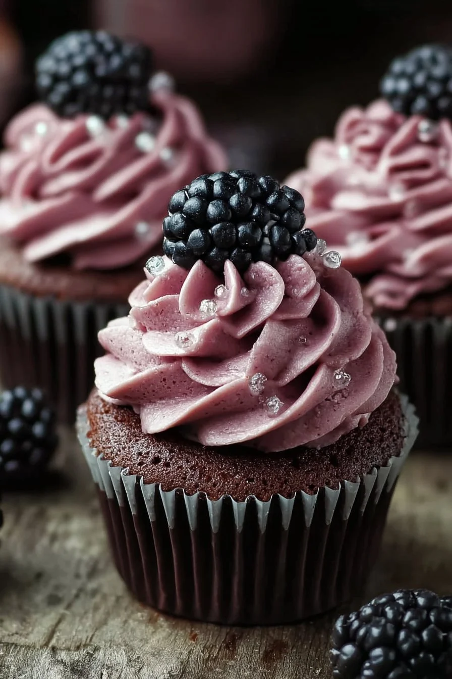 Chocolate cupcakes with blackberry buttercream frosting on a white plate