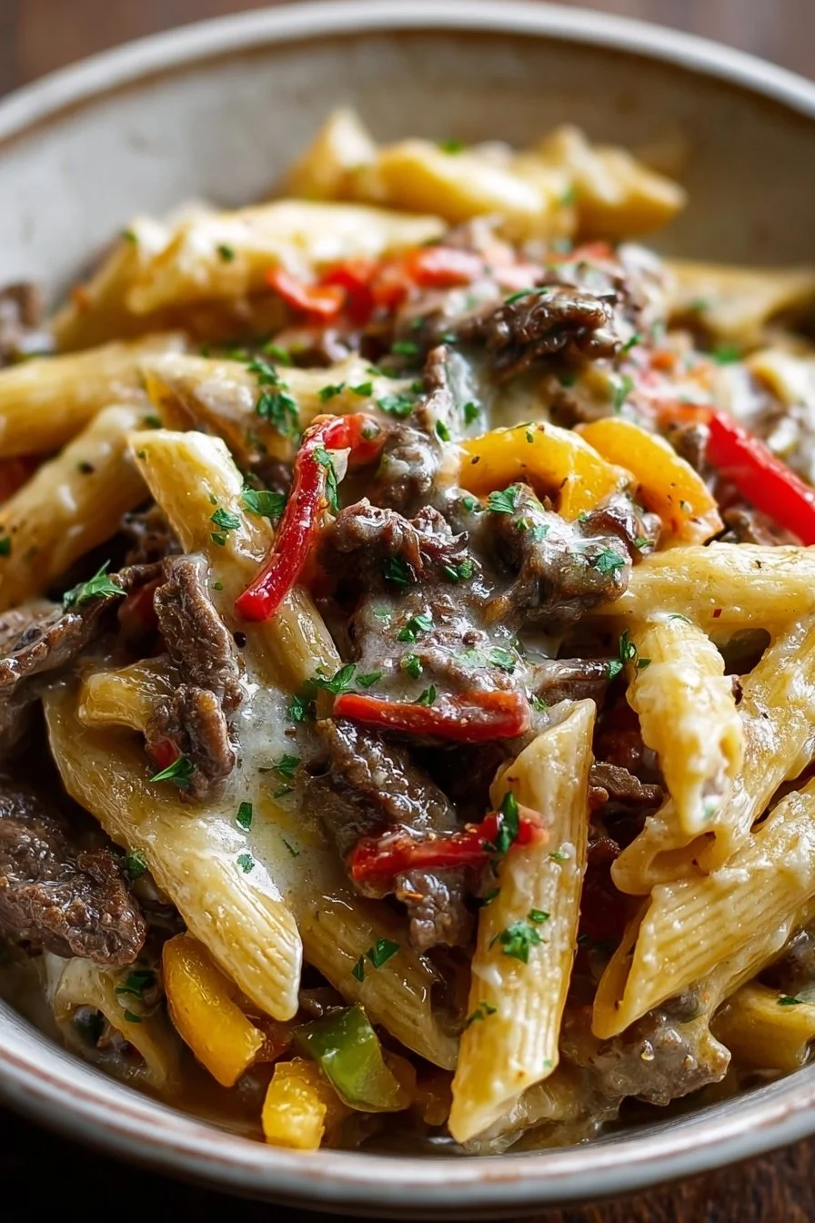 Classic Philly Cheesesteak Pasta with beef, cheese, and pasta in a delicious sauce.