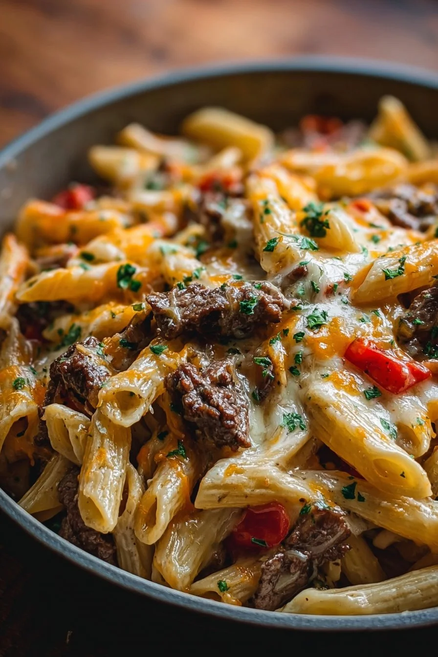 Delicious bowl of Classic Philly Cheesesteak Pasta with steak, peppers, and cheese.