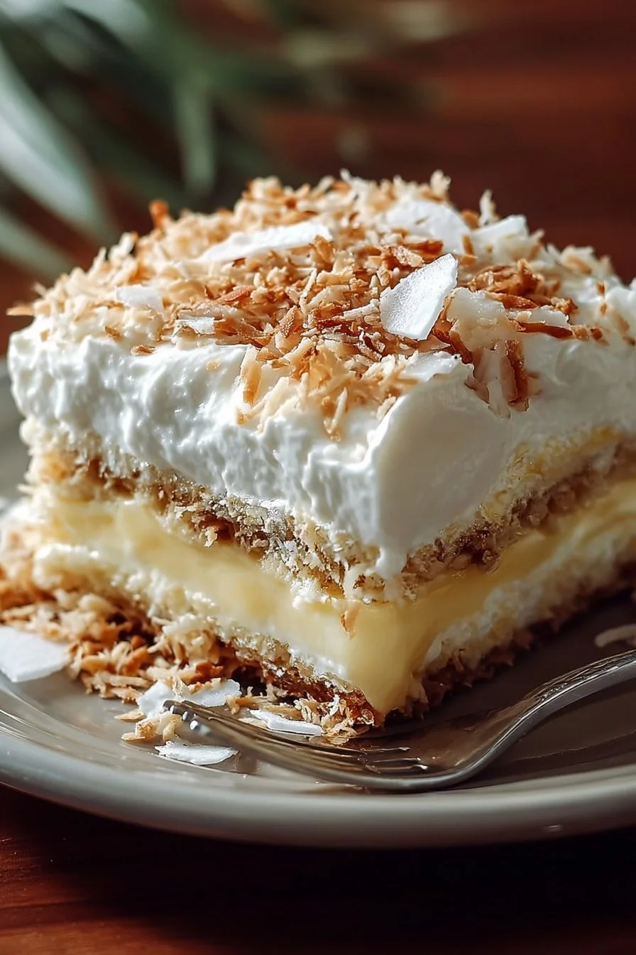 Delicious Coconut Cream Layered Dessert with whipped cream and fresh coconut.