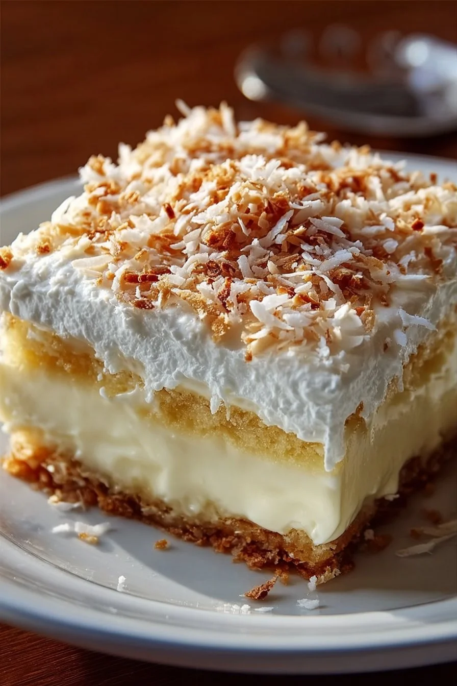 Coconut Cream Layered Dessert beautifully arranged in a glass dish.