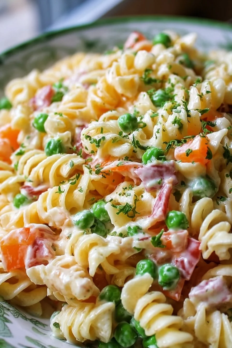 Delicious creamy pasta salad served in a bowl with fresh vegetables
