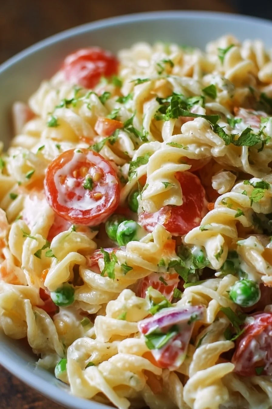 Creamy pasta salad with colorful vegetables and dressing in a bowl