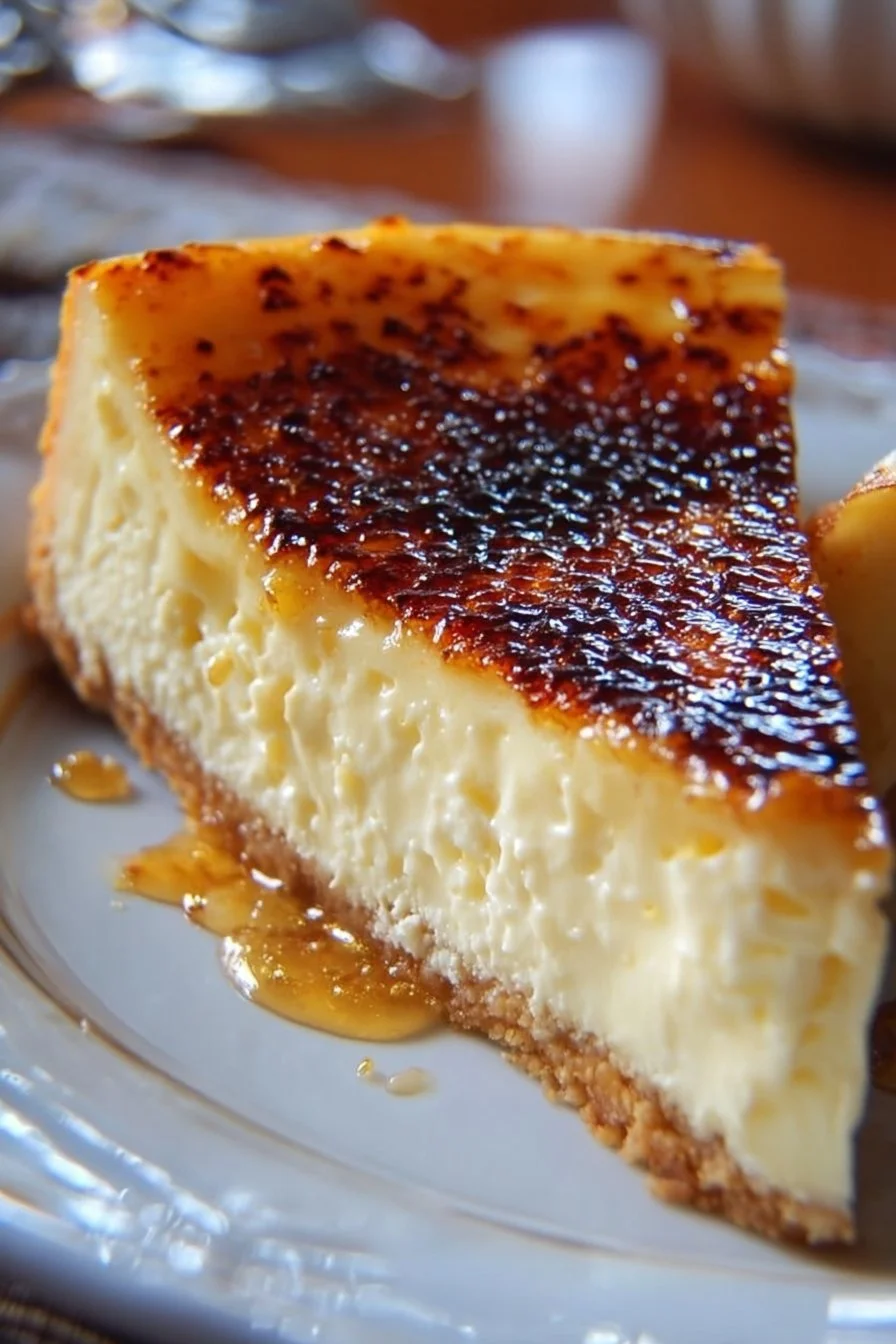 Delicious Crème Brûlée Cheesecake with a caramelized sugar topping