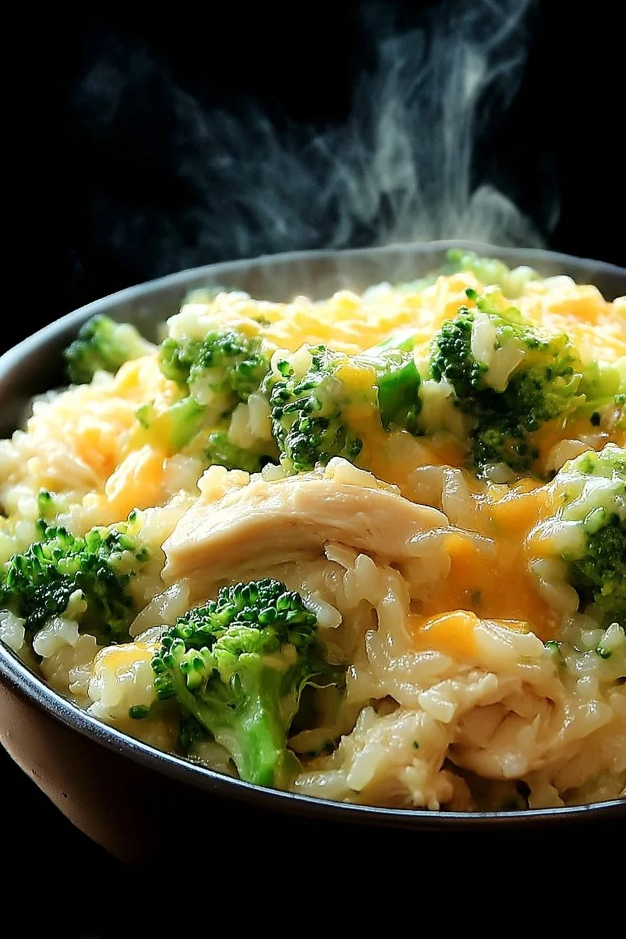 A delicious bowl of Crockpot Cheesy Chicken Broccoli Rice, perfect for dinner.