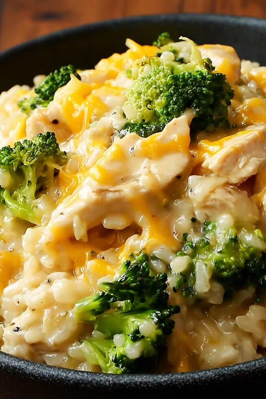 Crockpot Cheesy Chicken Broccoli Rice meal served in a bowl with fresh ingredients