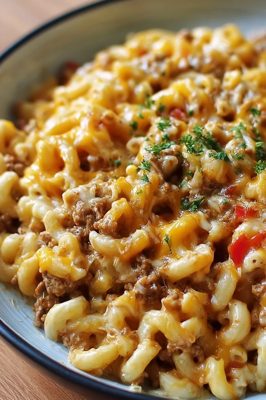 Creamy taco mac in a bowl with toppings and cheese