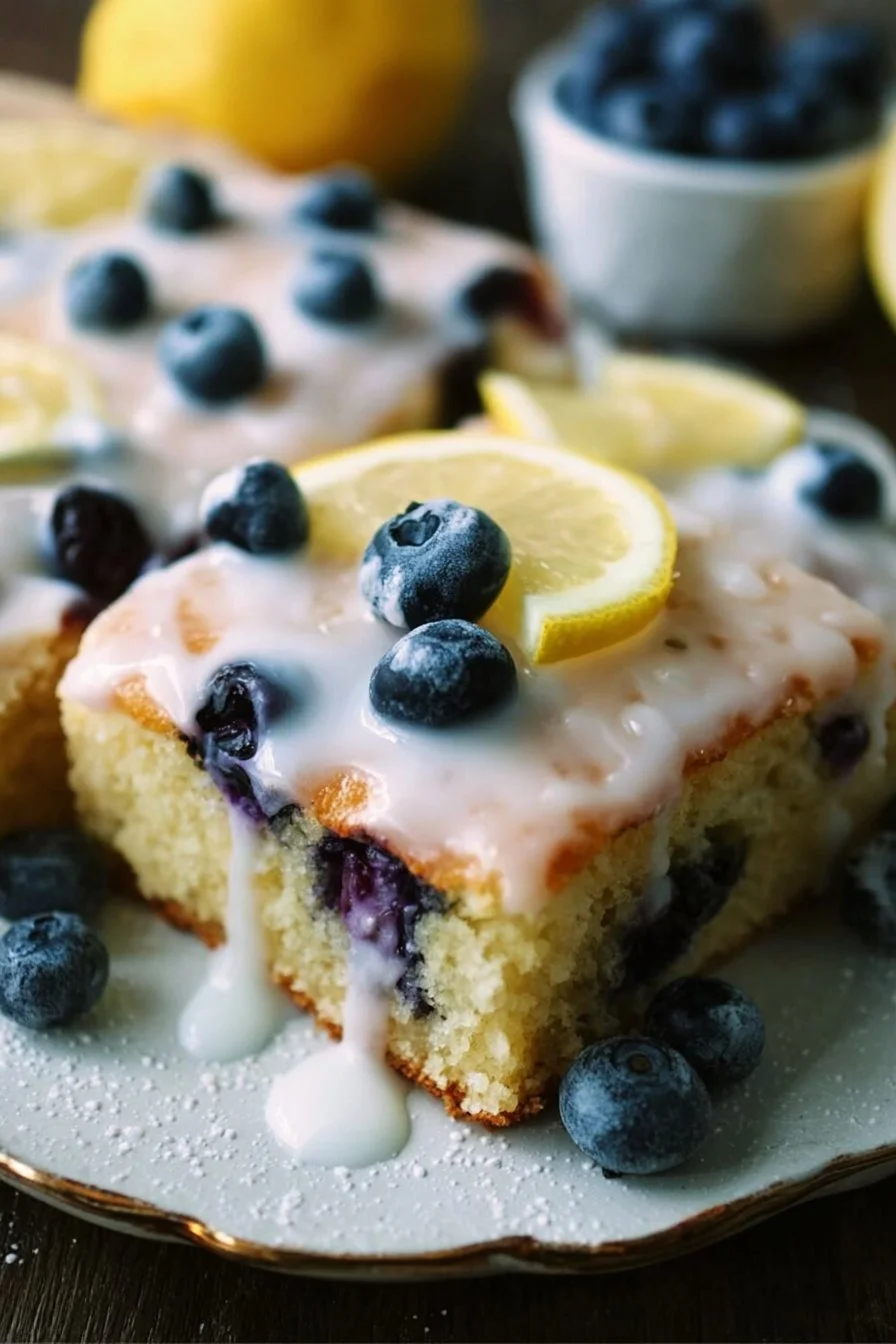 Lemon blueberry sheet cake topped with fresh blueberries and lemon zest