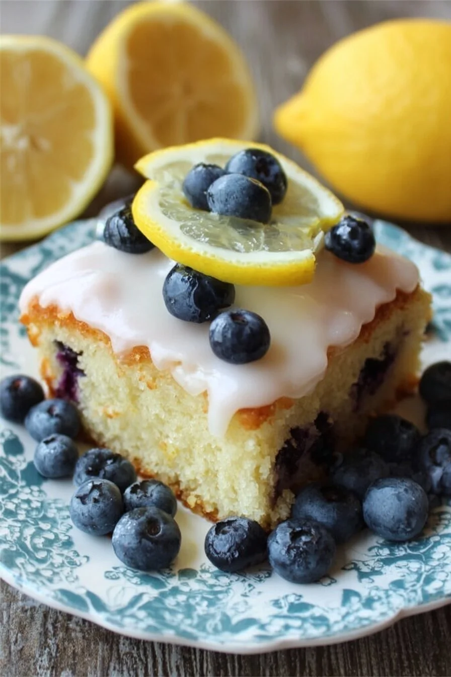 Lemon Blueberry Sheet Cake with fresh blueberries and lemon zest on a white plate