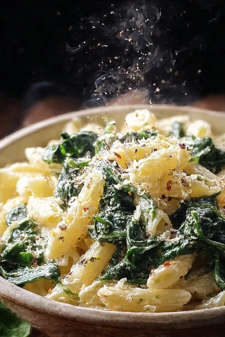 A plate of pasta with fresh spinach, garnished with Parmesan cheese.