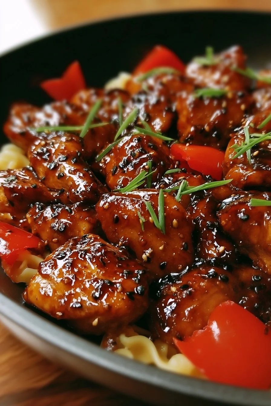 Delicious honey pepper chicken garnished with fresh herbs