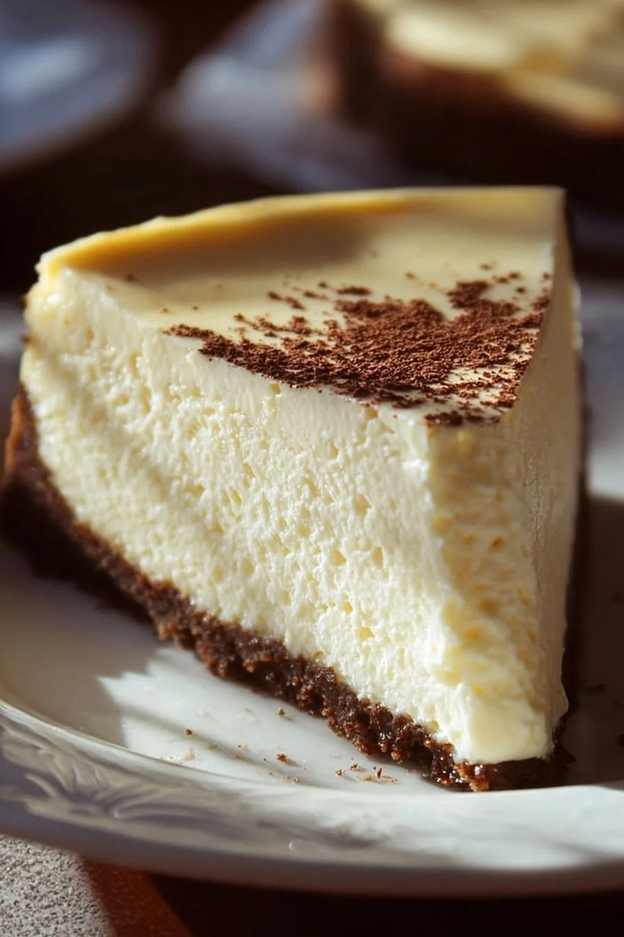 Slice of Vanilla Bean Brown Butter Cheesecake with a buttery crust and garnish