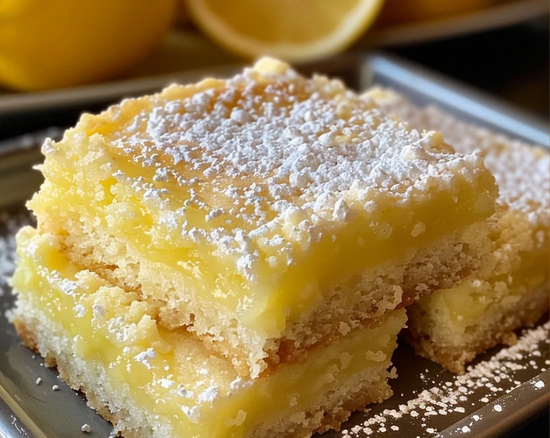 Delicious 2 ingredient lemon cake bars displayed on a plate
