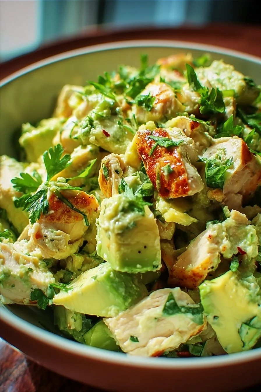 Delicious Avocado Chicken Salad served in a bowl with colorful vegetables