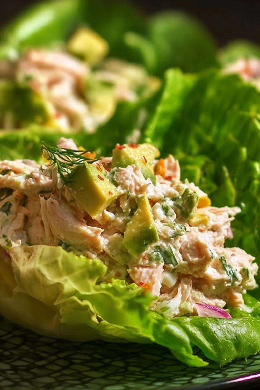 Avocado chicken salad lettuce wraps served on a plate with fresh ingredients