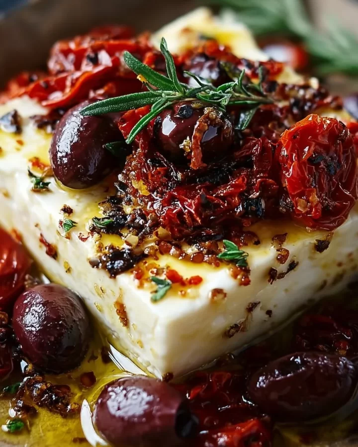 Baked feta with olives and sun-dried tomatoes served in a rustic dish