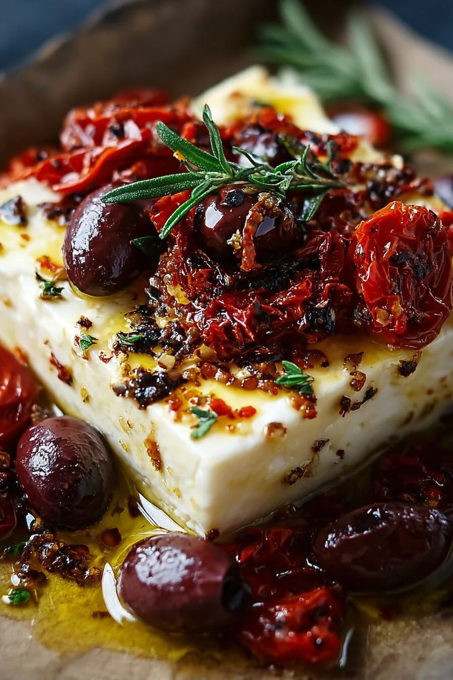 Baked feta with olives and sun-dried tomatoes served in a rustic dish