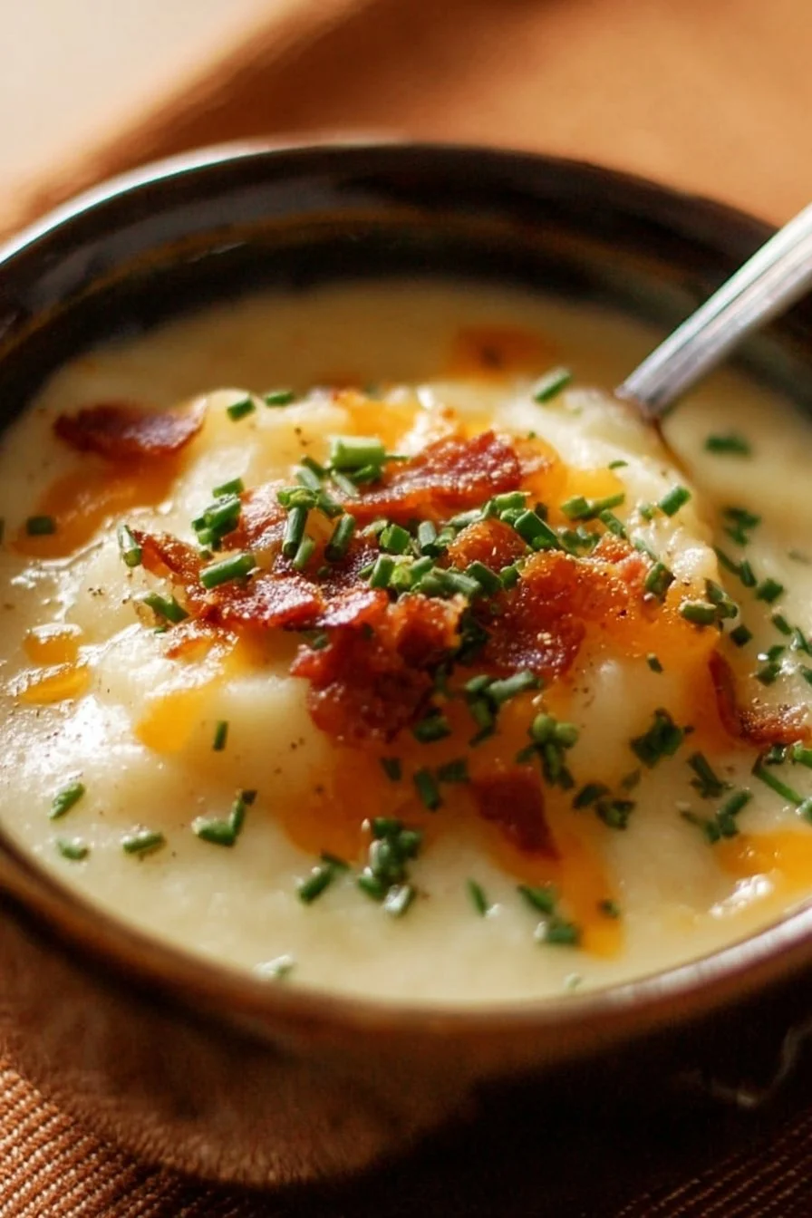 Delicious baked potato soup topped with cheese and chives in a bowl