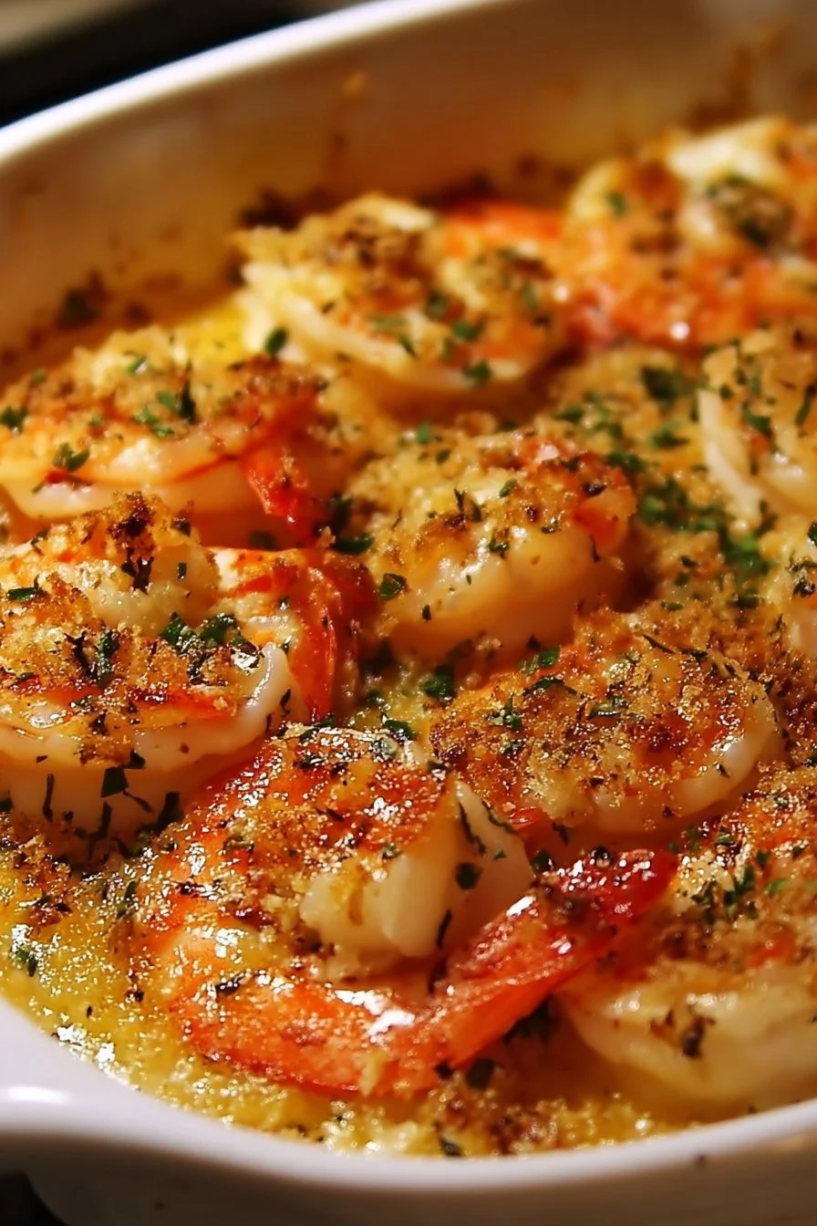 Baked Stuffed Shrimp Casserole served in a dish with garnishes