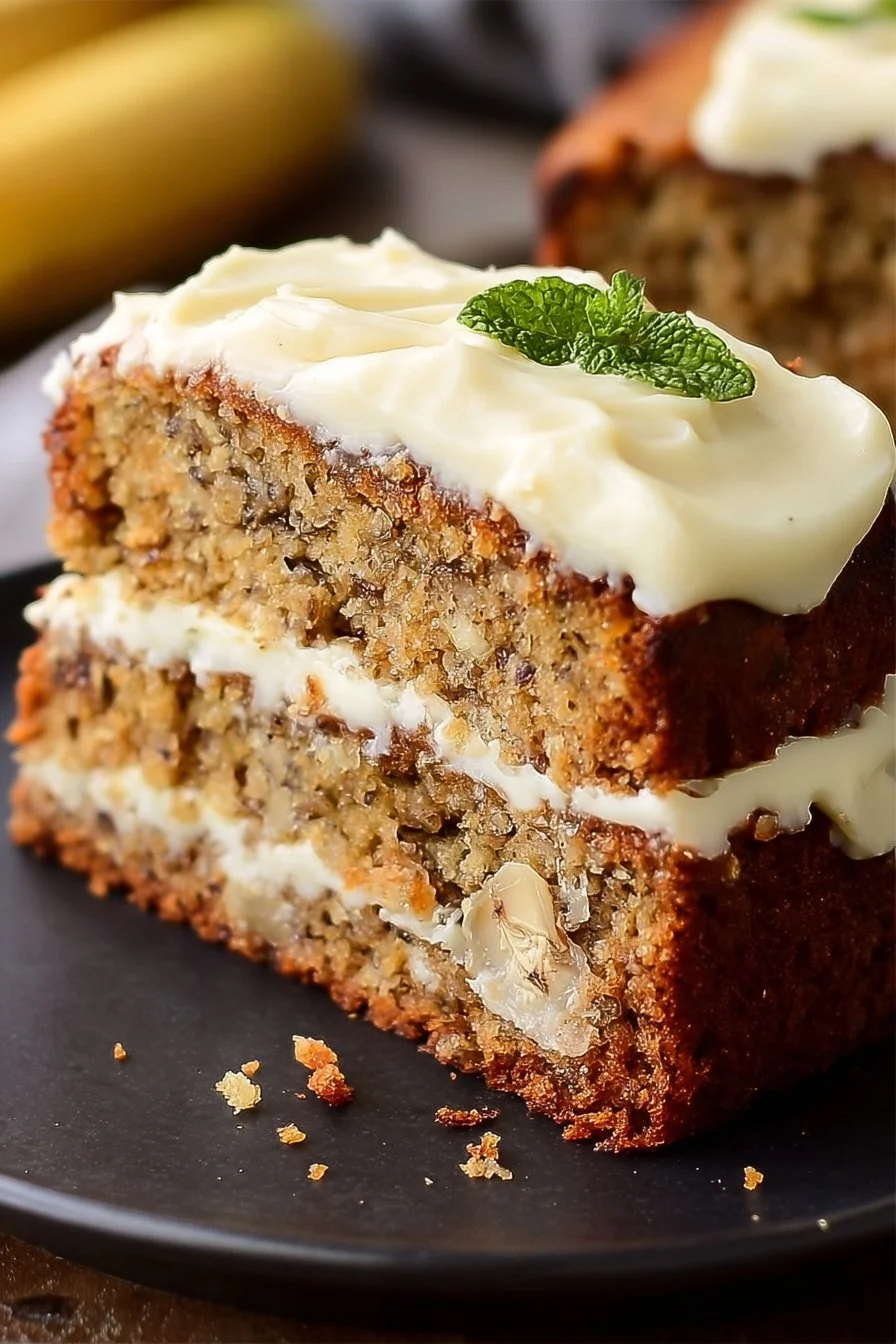 Delicious banana bread cake with cream cheese frosting on a plate