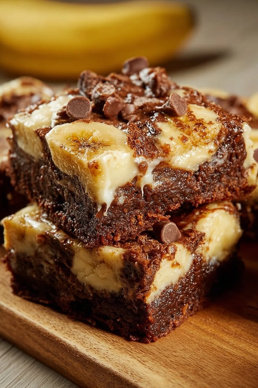 Decadent Banana Pudding Brownies with layers of banana and pudding flavors