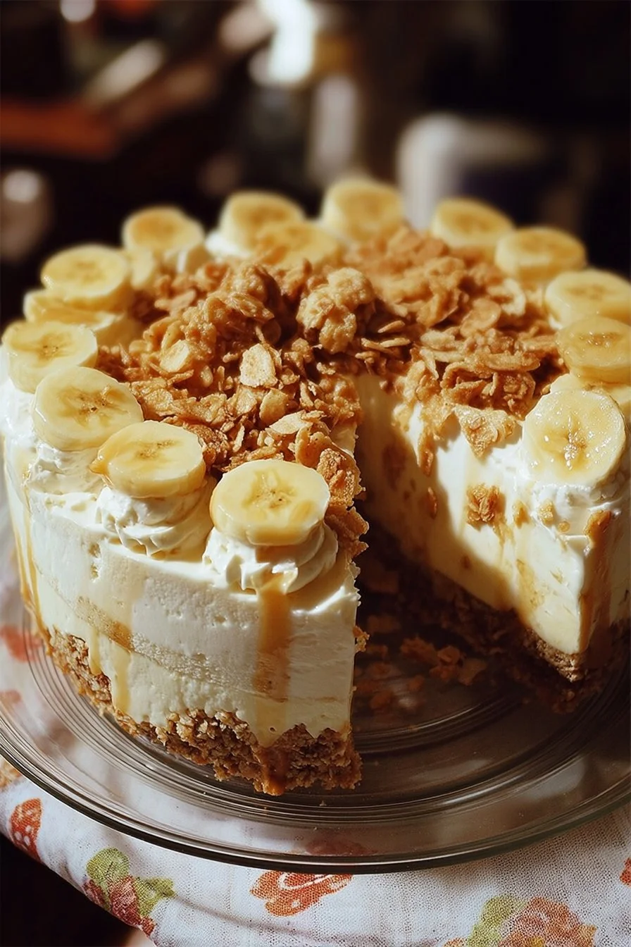 Delicious Banana Pudding Crunch Cheesecake with layers of creamy banana and crunchy topping.