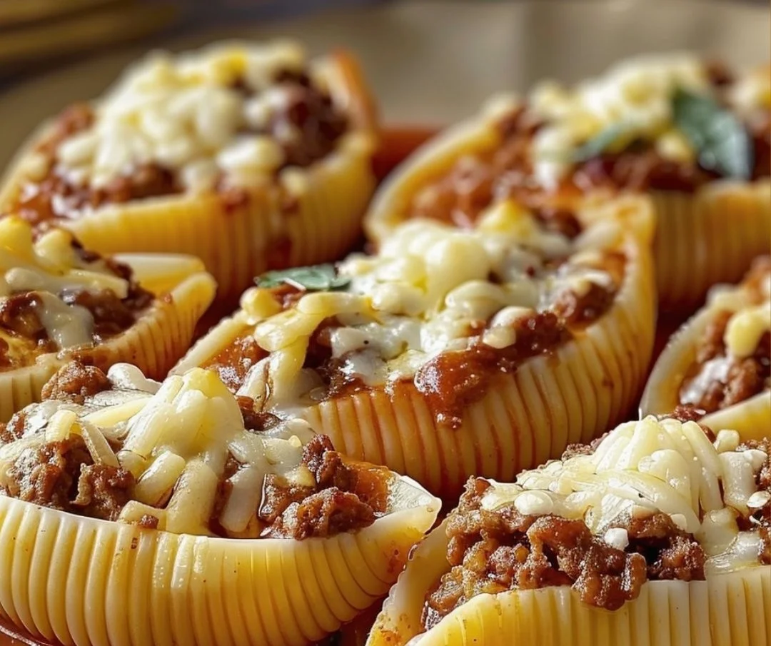 Delicious beef-stuffed shells with creamy ricotta filling topped with marinara sauce.