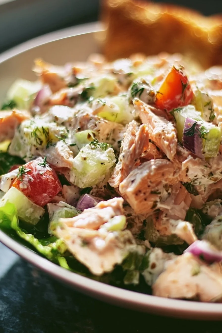 Delicious homemade chicken salad in a bowl with fresh vegetables and herbs.