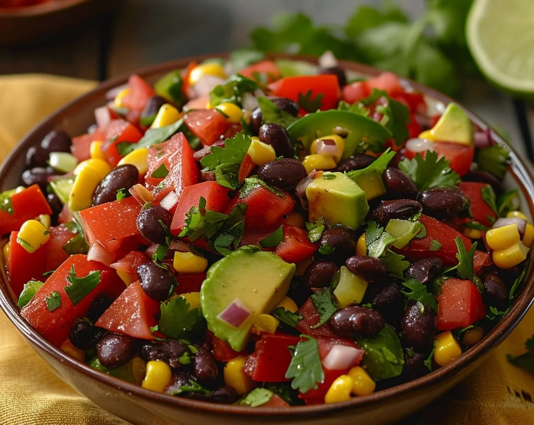 Healthy black bean salad with corn and vibrant vegetables in a bowl.