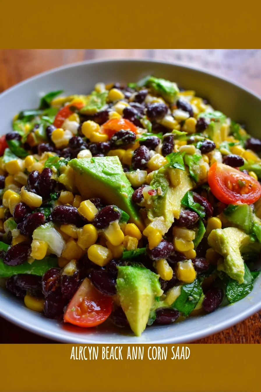 A colorful Black Bean Corn Avocado Salad in a bowl, garnished with lime and cilantro.