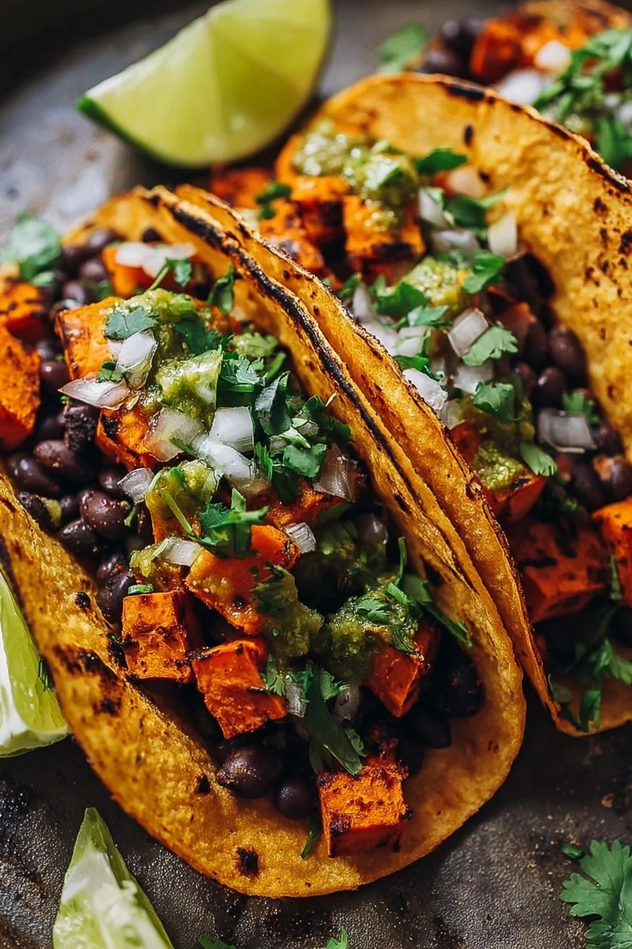 Delicious black bean sweet potato tacos topped with fresh cilantro and avocado