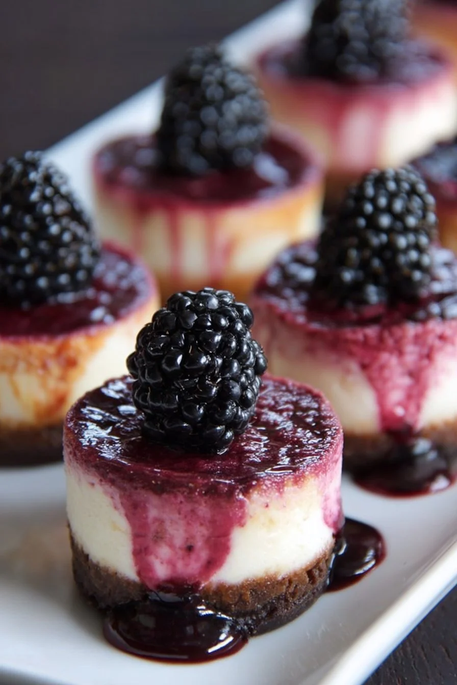 Delicious Blackberry Mini Cheesecakes topped with fresh blackberries on a plate.