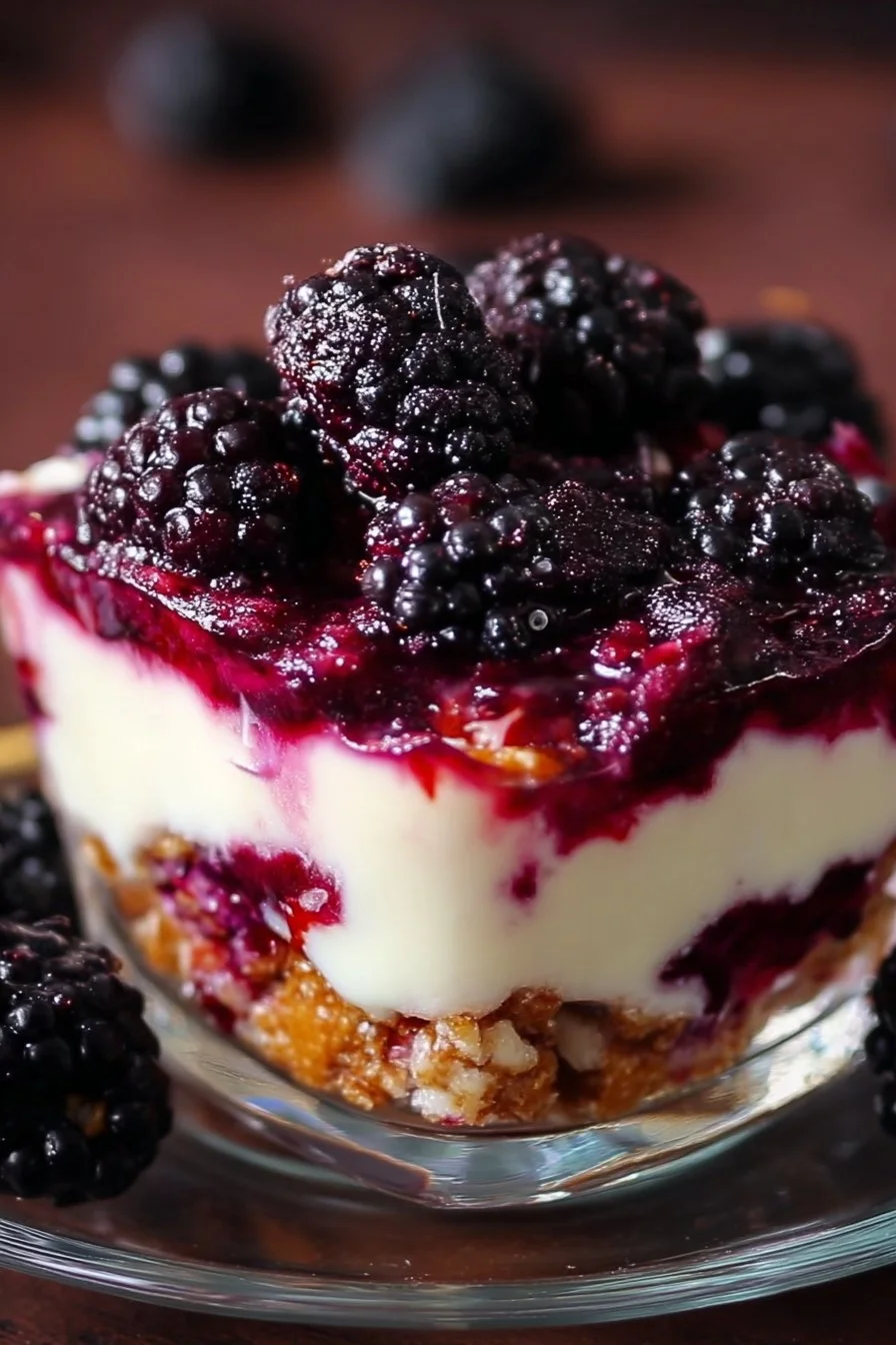 Delicious blackberry pretzel dessert on a plate with fresh blackberries.