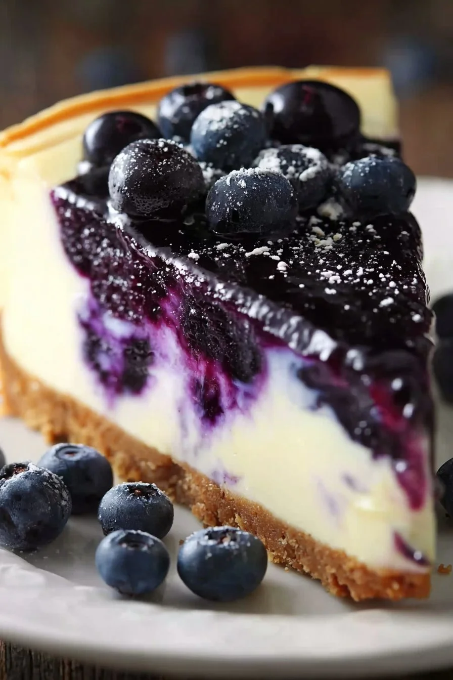 Delicious blueberry cheesecake topped with fresh blueberries and whipped cream.