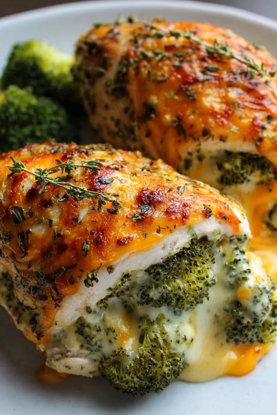Broccoli cheddar stuffed chicken with creamy filling and cheese on a plate.