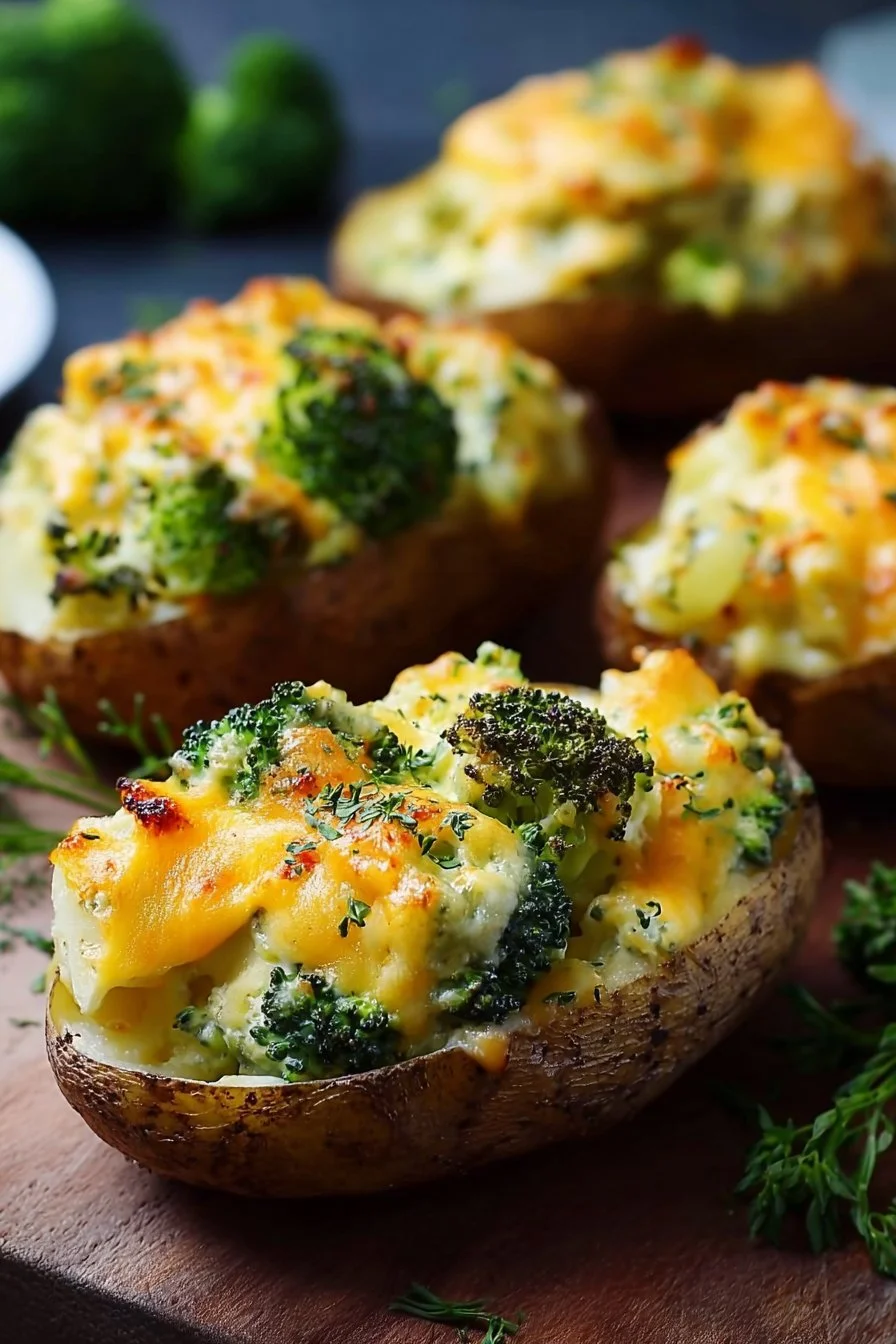 Broccoli cheese baked potatoes topped with melted cheese and fresh broccoli